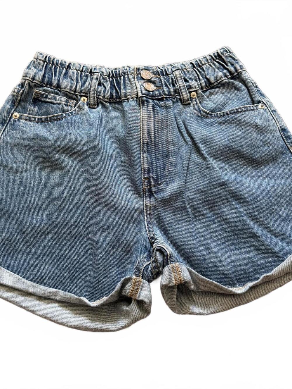 FB Sister Medium Blue Wash High Rise Cuffed Denim Shorts Elastic Waist Size M